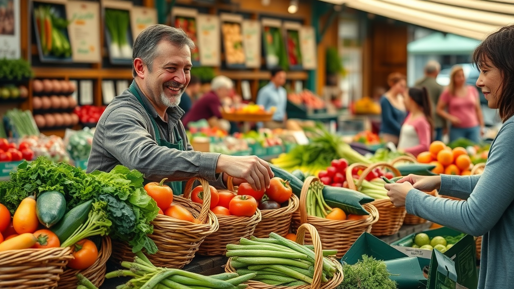 market vendor arranging fresh harvested vegetables in baskets, exemplifying post-harvest handling and storage from vegetable farm to table