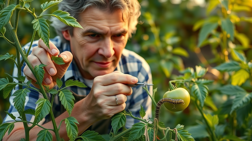 gardener handpicking large hornworm from tomato plant in a lush vegetable garden