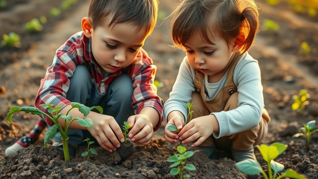 determined gardener and child practicing direct sowing and transplanting in a vegetable garden, learning vegetable farming techniques