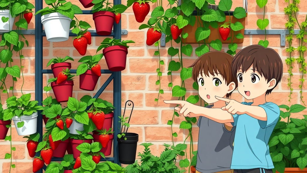 Innovative vertical vegetable gardening with hanging planters and excited children showing off ripening strawberries