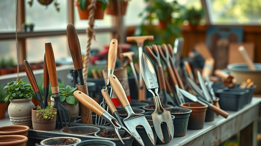organized gardening tools for pest management on a potting bench in a greenhouse