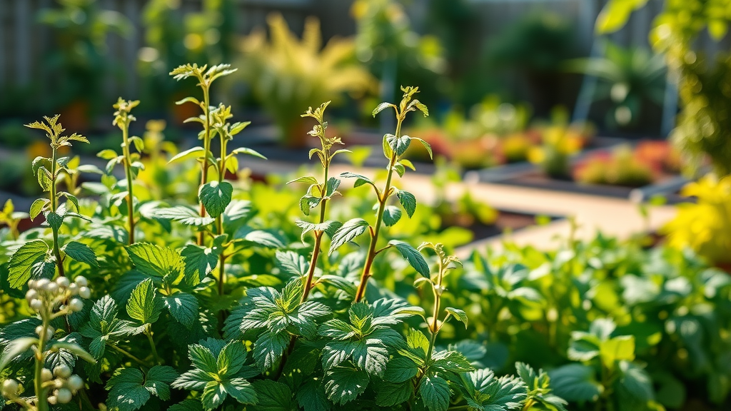 lush herb garden, vibrant and thriving, herb gardening herbs in various stages of growth sunlight bathing the foliage, photorealistic, backyard with neat garden beds, vivid greens, soft morning light