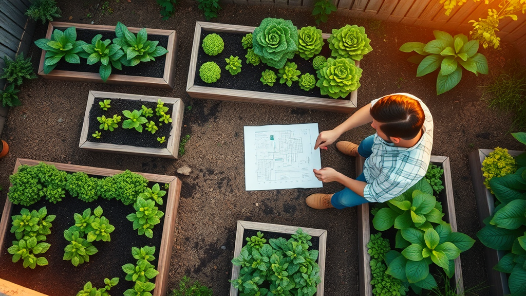 overhead view of organized home vegetable garden with raised beds and garden plan, requisites of the home vegetable garden