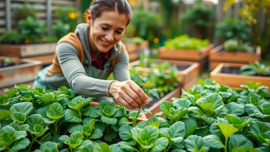 Vibrant backyard with multiple raised vegetable boxes and gardener tending lush plants. Vegetable garden boxes with morning dew and fresh seedlings.