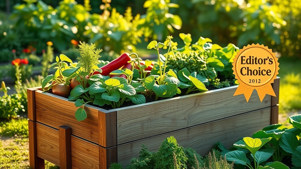 Award-winning raised garden box with Editor's Choice medal, lush healthy vegetable plants, and premium garden bed materials.