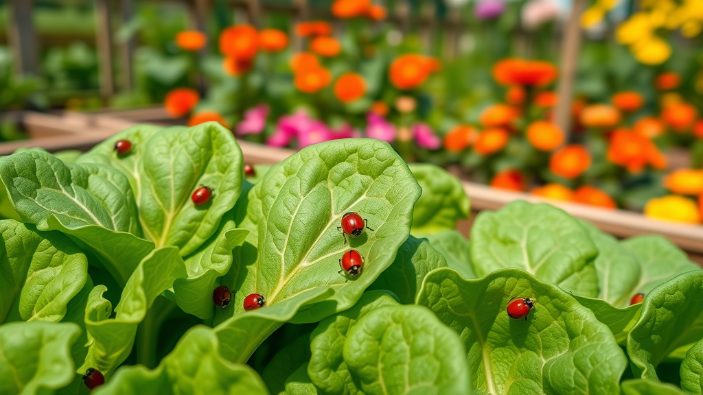close-up of healthy vegetable leaves with ladybugs, requisites of the home vegetable garden