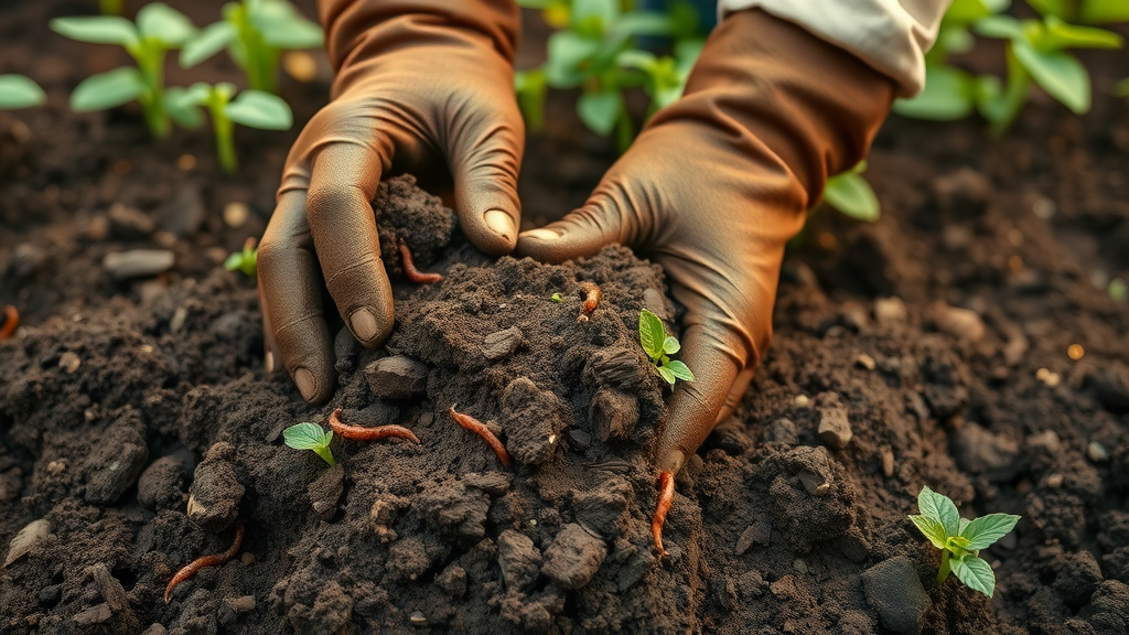 rich dark compost soil, hands mixing organic matter, garden seedlings, preventing fungus in summer garden