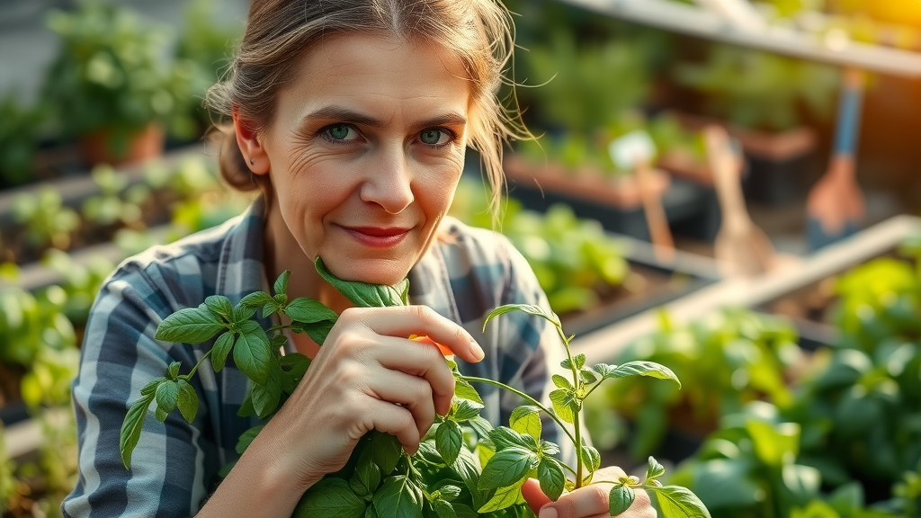 dedicated gardener hand-pruning fresh basil, herb gardening daily care, green herb beds
