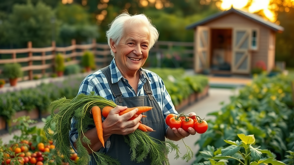 Elderly gardener joyfully harvesting carrots and tomatoes, showing peak harvest in a thriving vegetable garden