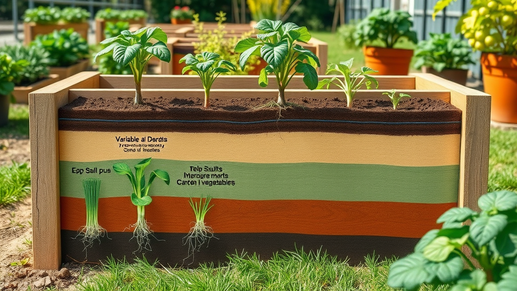 Garden box cross-section showing variable soil depths for vegetables. Raised garden box with layers for optimal plant growth.