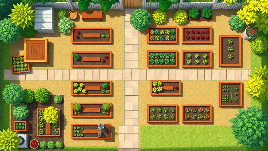 Neat backyard vegetable gardening plan: raised beds, containers, and pathways neatly arranged for maximum yield