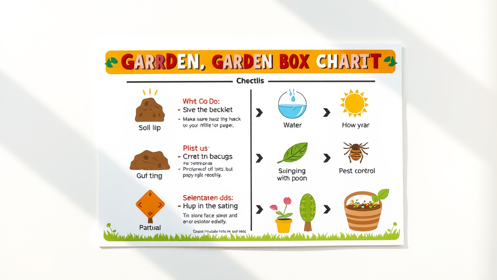 Checklist of do's and don'ts for vegetable garden boxes. Colorful icons for soil, sun, water, and pest control.