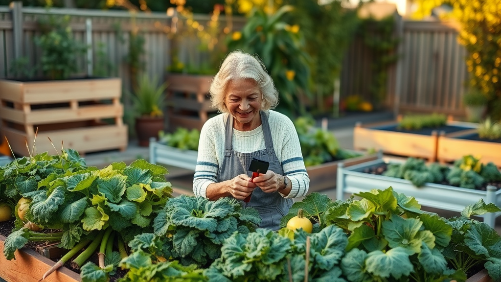 Lush raised garden bed with healthy vegetables. Elderly couple delightedly harvesting produce from garden boxes. Raised beds providing abundant, fresh vegetables.