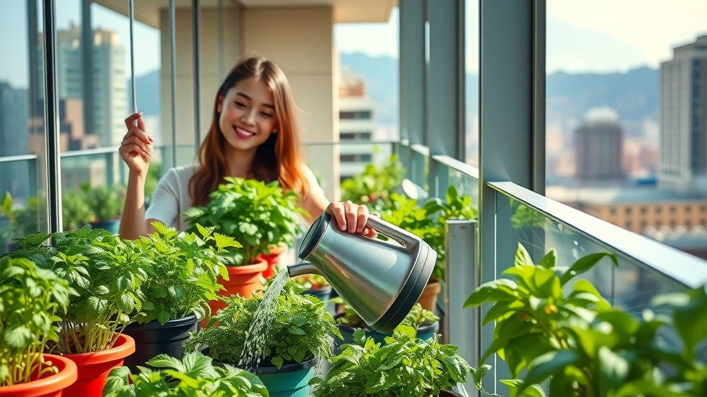 Colorful containers growing vegetables in a city balcony container garden, ideal for urban vegetable gardening