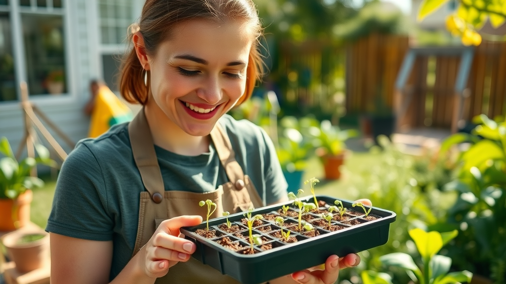 Planting seeds in a lush home garden; gardener holding seedling tray in sunny backyard