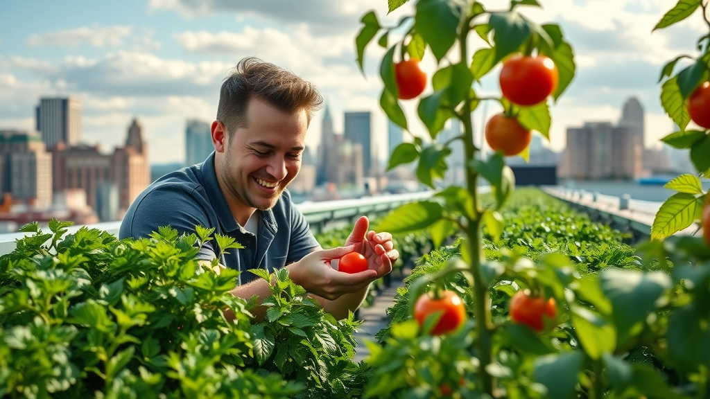 Vibrant urban rooftop vegetable garden with lush green beds for vegetable gardening, tomatoes ripening, and a lively city skyline in the background