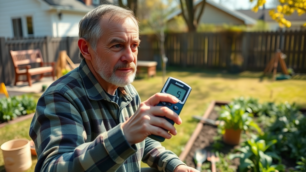 gardener using sunlight meter to assess garden site for vegetable gardening, requisites of the home vegetable garden