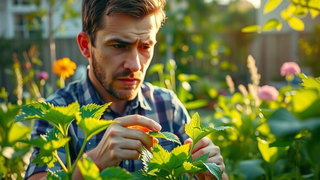 vibrant summer garden threatened by fungal spores, lush plants, worried gardener, moisture and heat haze, Canon 50mm
