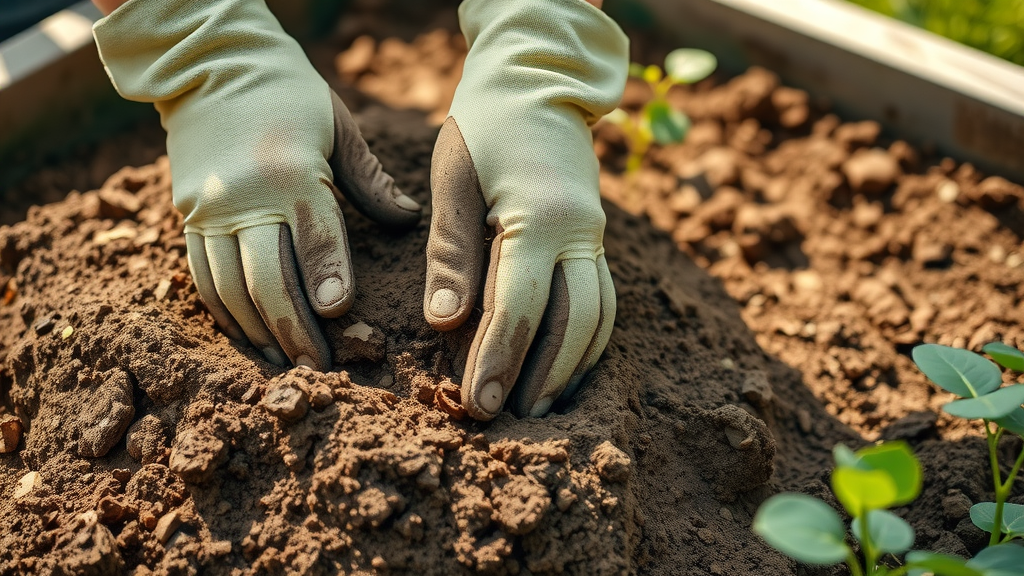 closeup of rich garden soil for herb gardening, gardener's hands mixing compost in raised garden bed