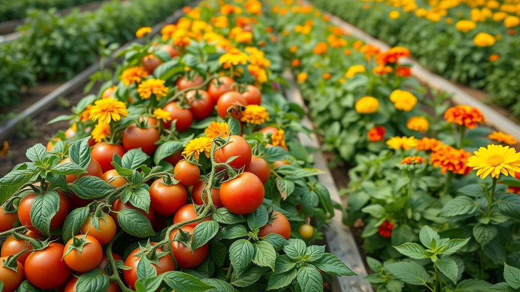 vibrant companion planting rows with tomatoes, basil, and marigolds thriving together in a vegetable garden for increased yields