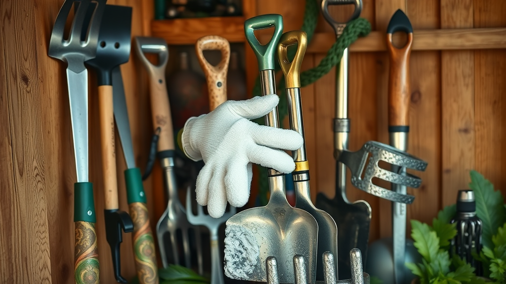 sparkling clean garden tools in a rustic shed, gardener demonstrating cleaning, gardening tips to avoid fungus during summer