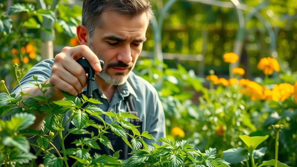 gardener spraying neem oil, lush summer vegetable garden, gardening tips to avoid fungus during summer