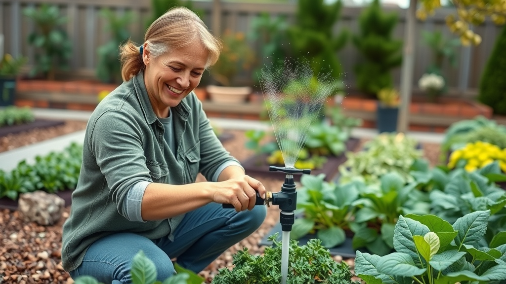 drip irrigation in backyard, organic mulch, lush thriving garden plants, gardening tips to avoid fungus during summer