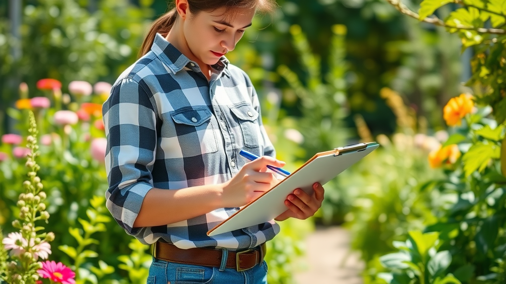 gardener organizing summer garden checklist, vibrant backyard, gardening tips to avoid fungus