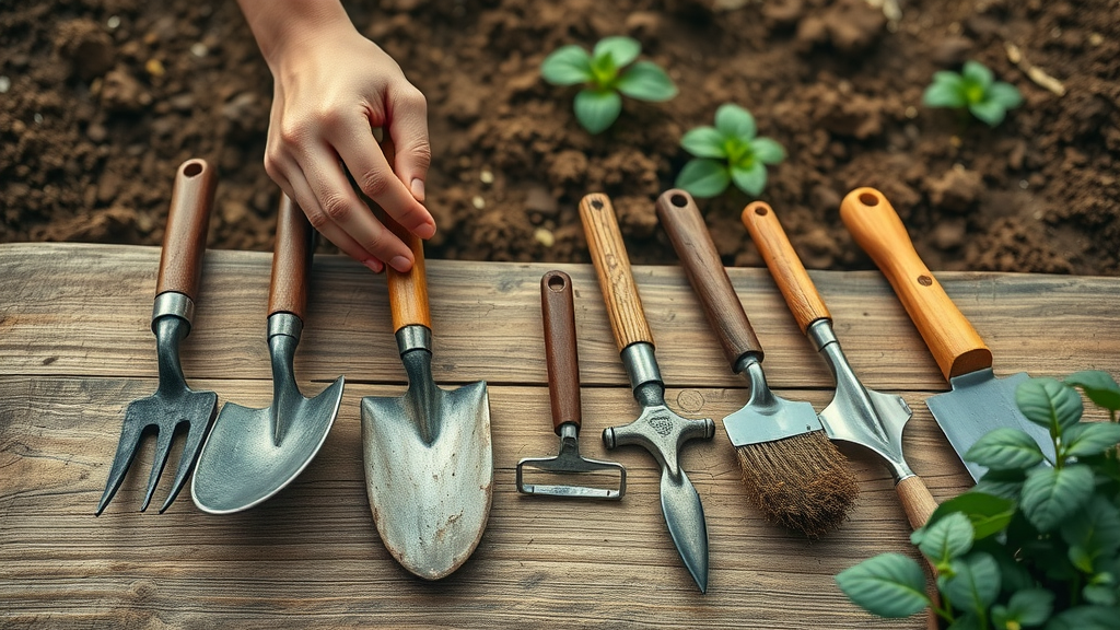 Essential vegetable gardening tools: spade, trowel, and watering can organized for planting in a garden bed