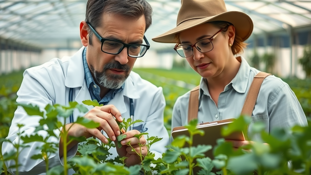 inquisitive scientist and experienced farmer examining young vegetable seedlings in a greenhouse, demonstrating knowledge in the cultivation of vegetables