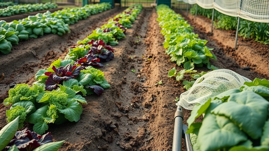 strategic vegetable garden with visible mulch, pest control netting, and robust vegetable rows for pest management