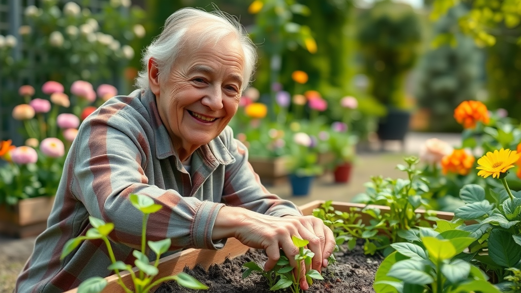 Senior tending to a raised vegetable box with vibrant, lush garden background, planting seedlings carefully, enjoying the gardening experience in raised beds for seniors