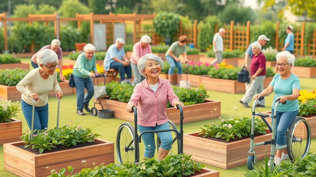 Infographic illustration of seniors using accessible raised garden beds at various heights, in a community garden, seniors with walkers and wheelchairs smiling and gardening together.