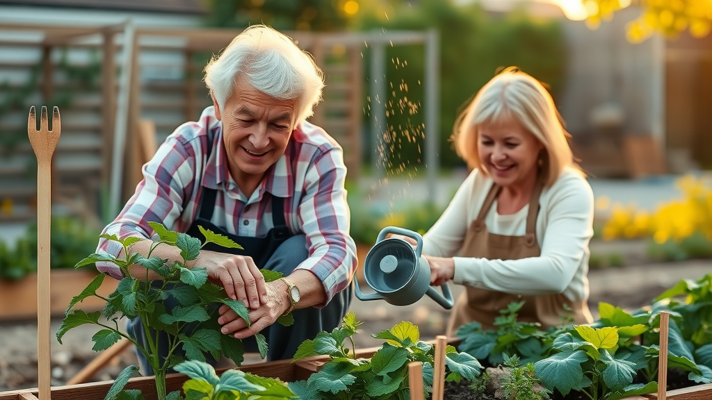 Elderly couple cheerfully pruning and watering their raised vegetable bed, in a tidy, sunlit garden especially designed for senior-friendly gardening.
